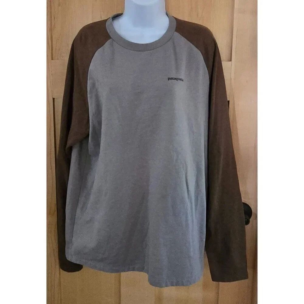 Patagonia Mens Grey/Brown Long Sleeve Raglan Shirt With Logo Print  gorpcore